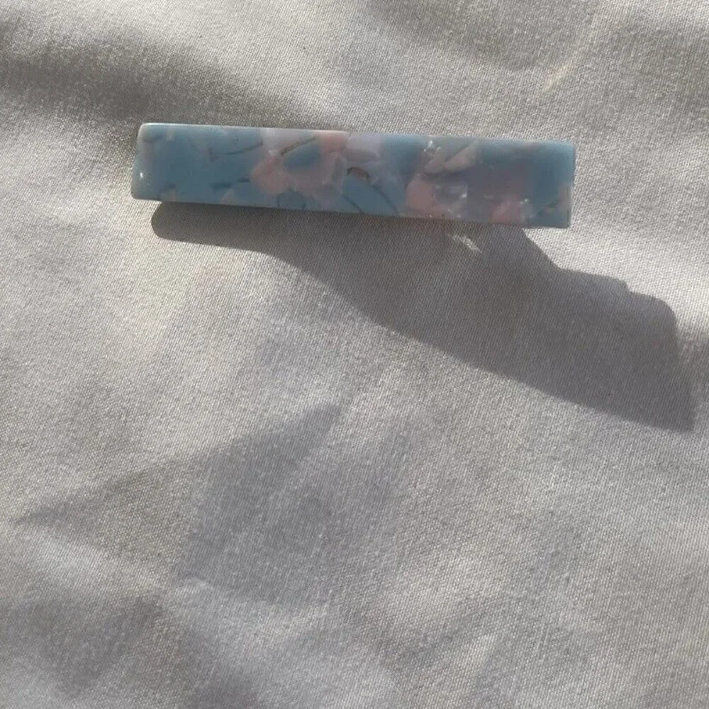 Vintage Women’s Blue Pink Flower Acetate Hair Clip womens Bronze Gold Metal Clip