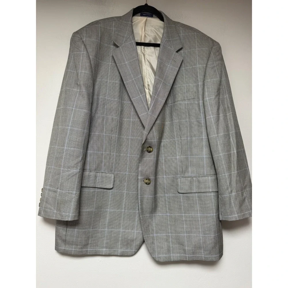 Mens 46R Grey Plaid Silk Wool Blend Sport Coat‎ Blazer Jacket