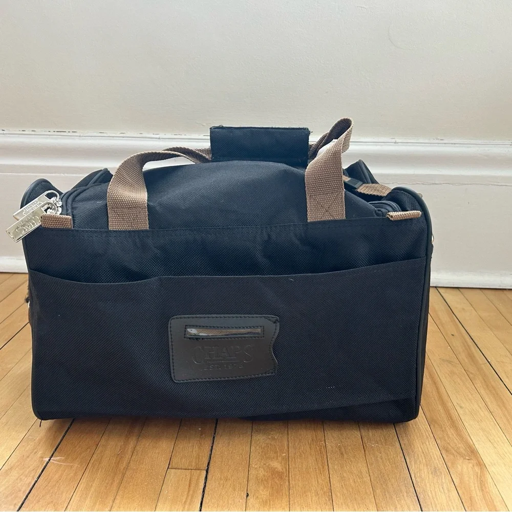 Chaps Black Duffel Bag with Tan Handles and Strap