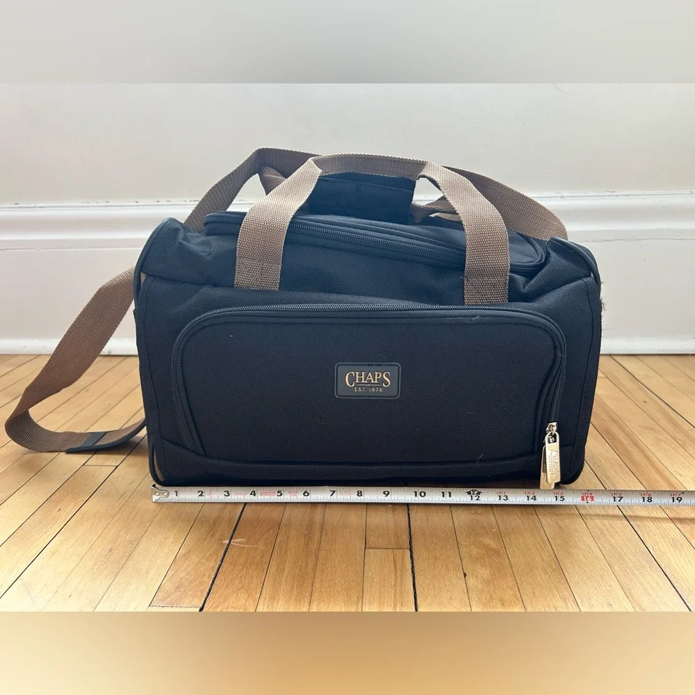Chaps Black Duffel Bag with Tan Handles and Strap