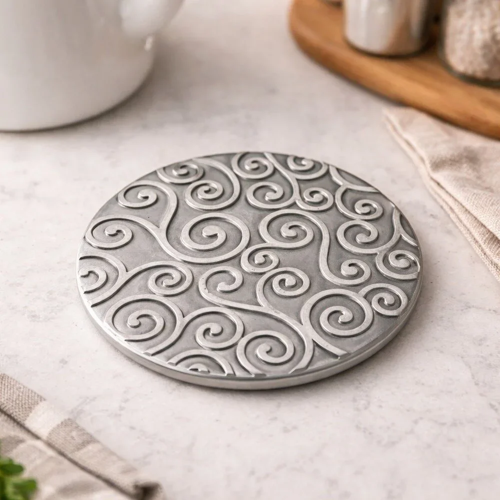 IKEA Metal Trivet Swirl Pattern 5” Round Hot Plate Silver Tone Modern Kitchen