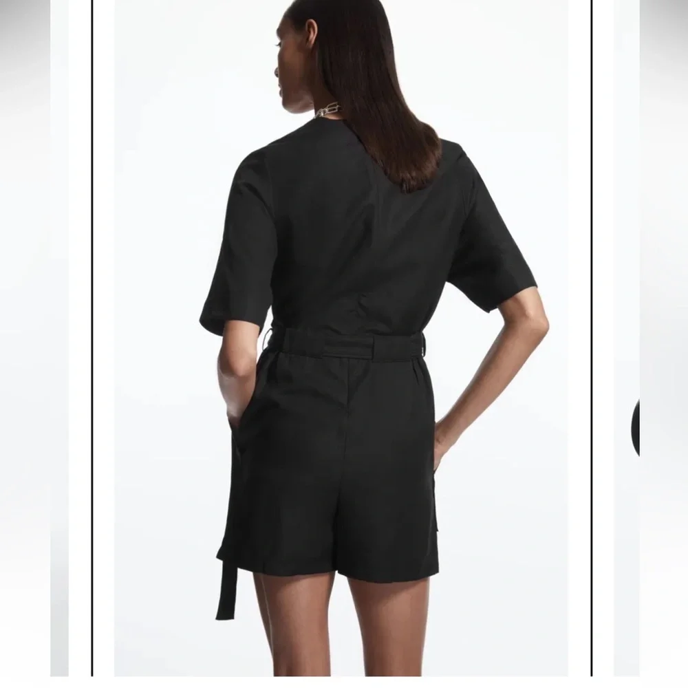 COS Linen Lyocell Belted V Neck Romper Playsuit in Black - Size 12