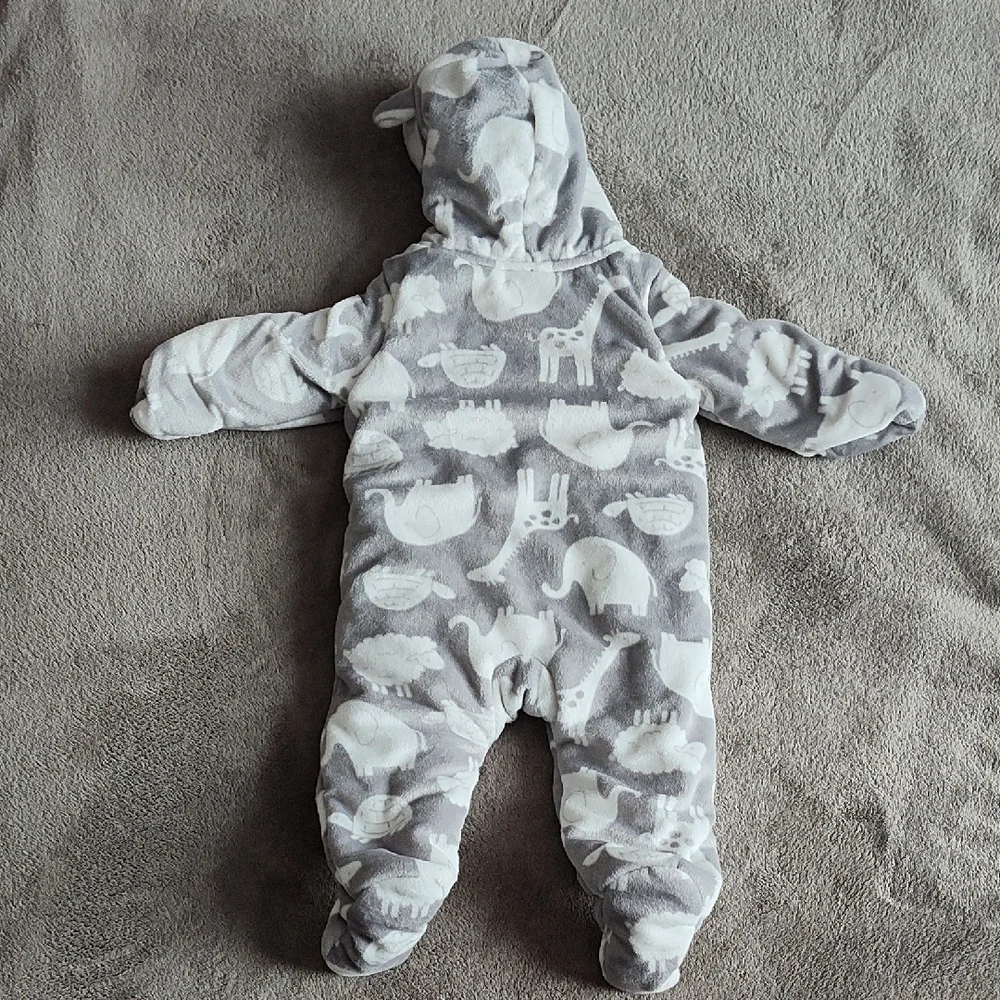Gray & White Baby Animal Print Hooded Snowsuit