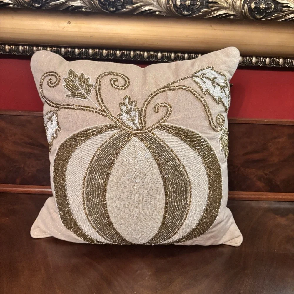 Pier 1 Beaded‎ Pumpkin Throw Pillow Ivory Gold Fall Harvest Decor 14