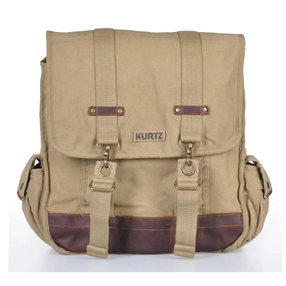A. Kurtz Maplewood Courier Backpack leather Canvas Paratrooper Khaki Cotton Tan