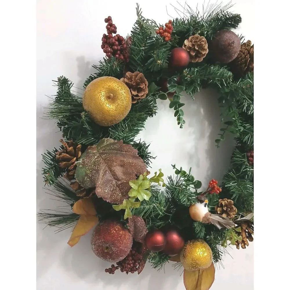 Partridge In Pear Tree Winter Door Wreath Realistic Holiday Crystal Fruit Apple