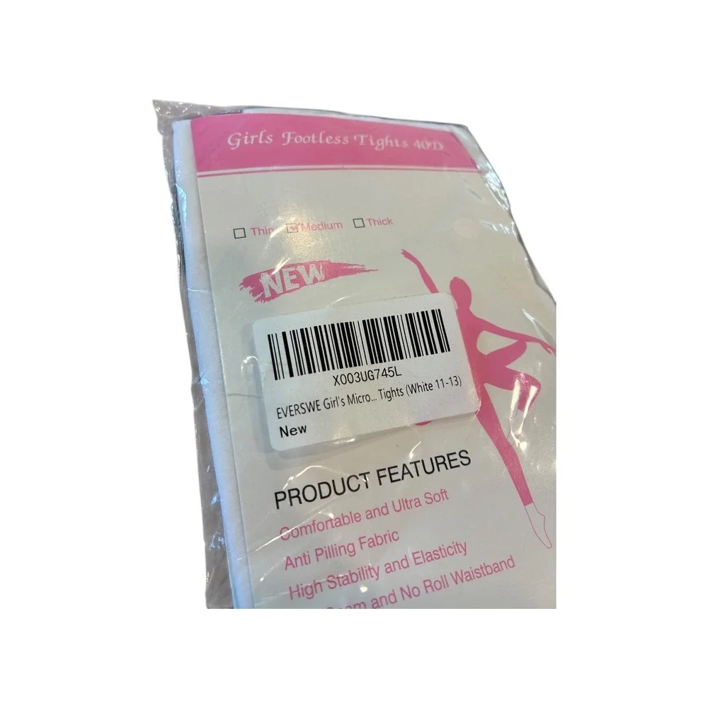 EVERSWE Girls Footless Tights 40D Microfiber White Size‎ 11-13 New