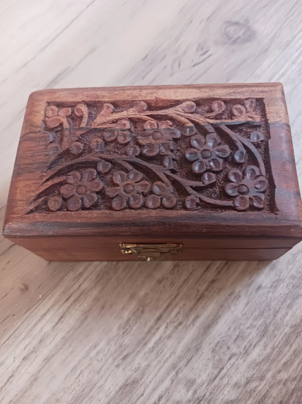 Vintage Hand-Carved Wooden Floral Trinket Box - Brown