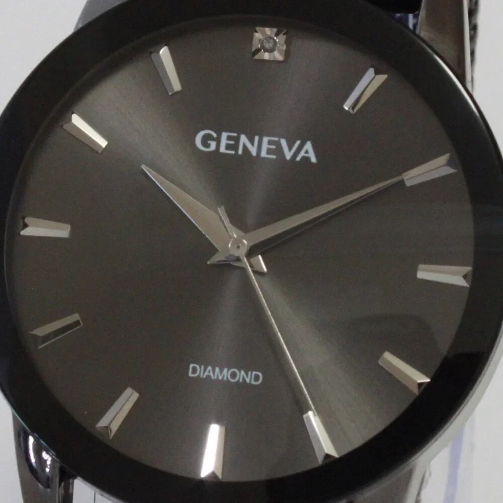 Geneva Men's Dress Watch Gun Metal Finish Diamond At 12 Milanese Bracelet 42mm