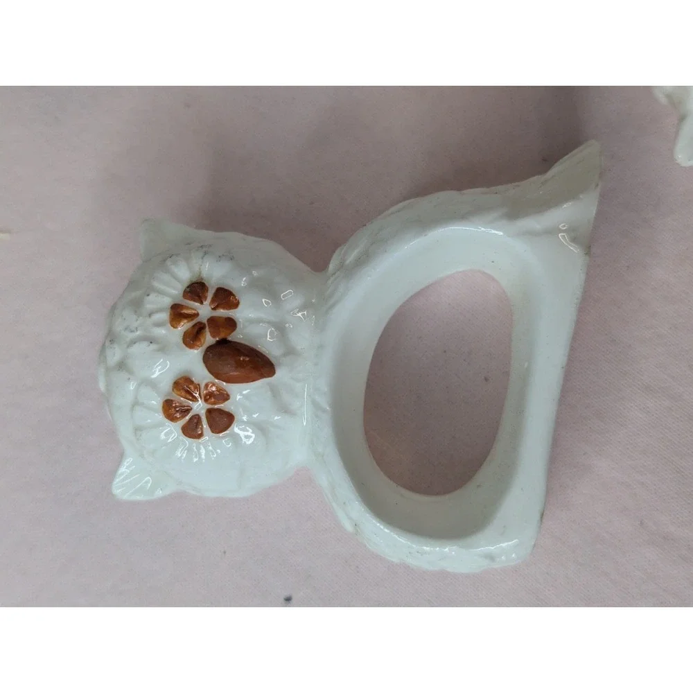 3 lot Bone China white brown Owl napkin rings holder tablescape table decor