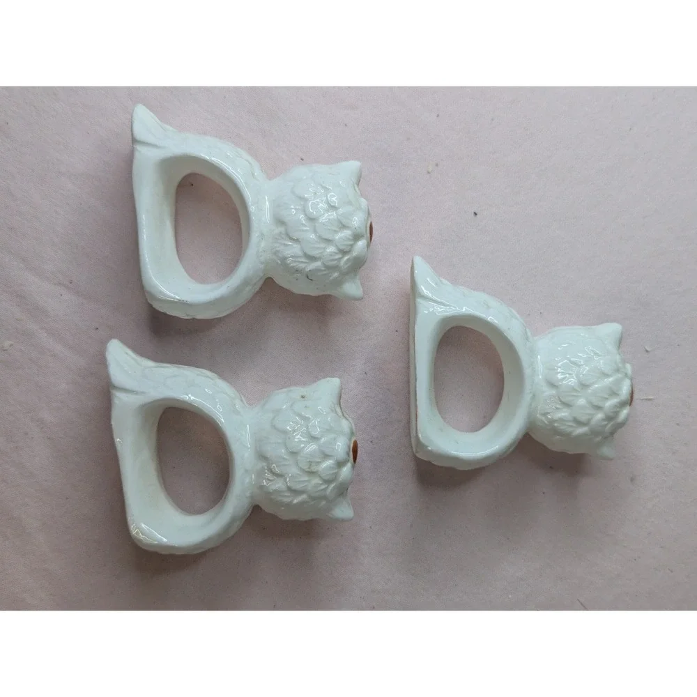 3 lot Bone China white brown Owl napkin rings holder tablescape table decor