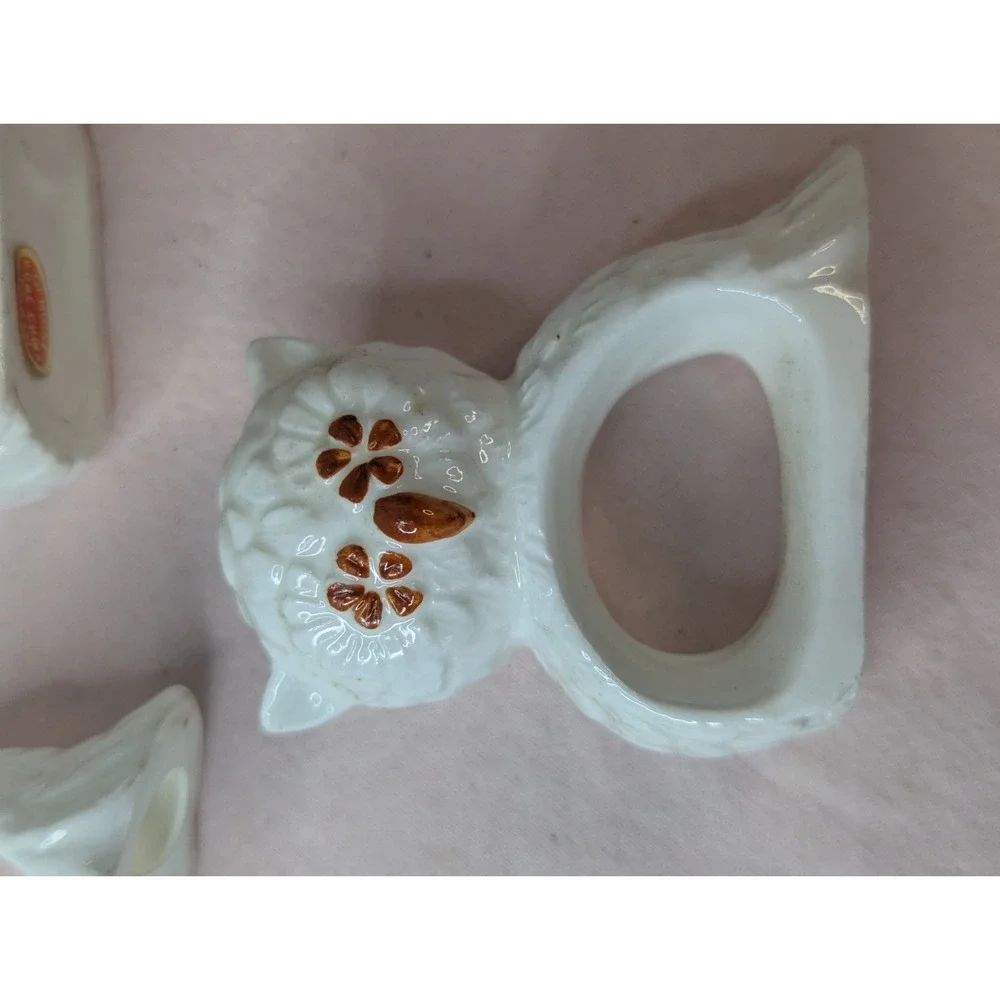 3 lot Bone China white brown Owl napkin rings holder tablescape table decor