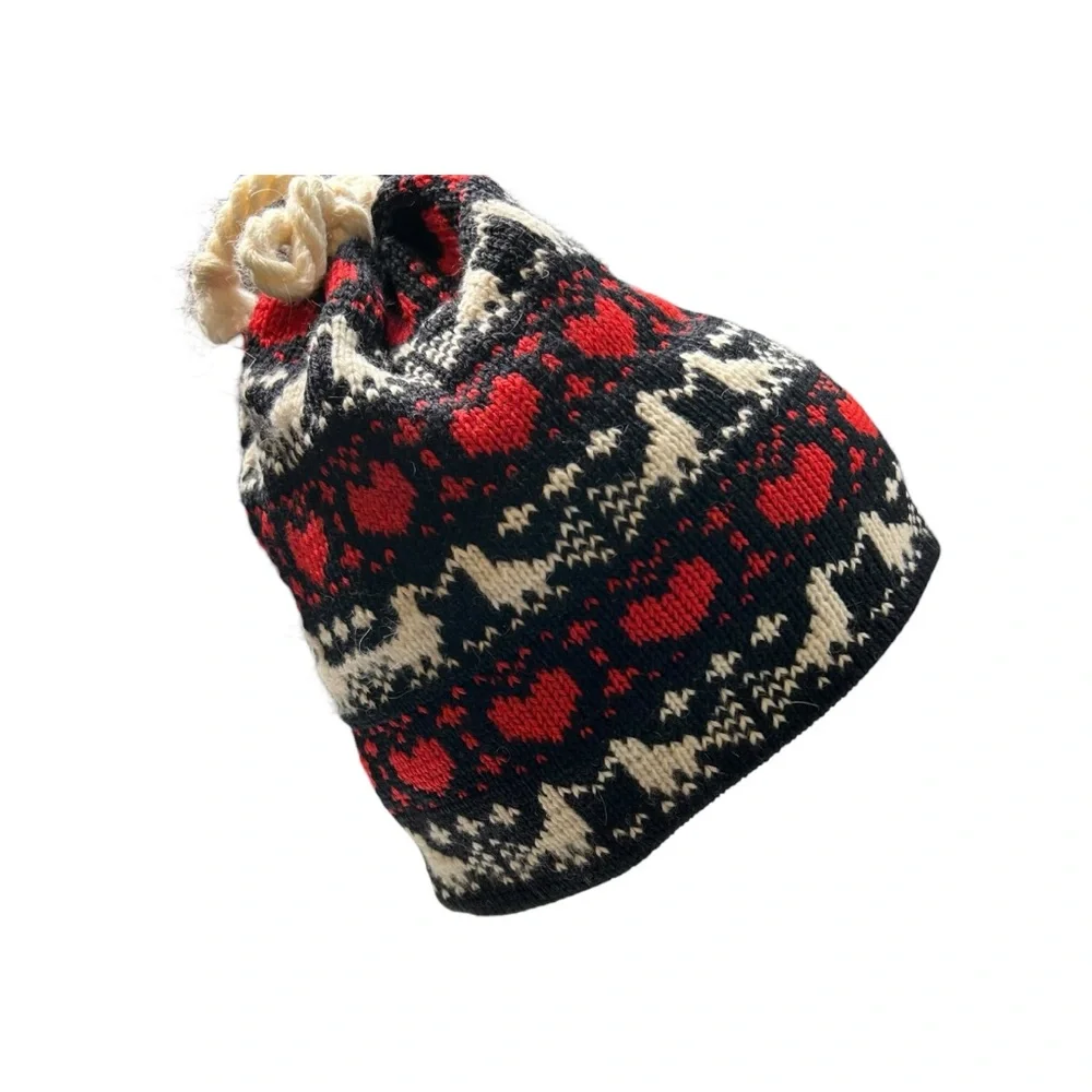 Vintage Fair Isle Wool Beanie Nordic Scandi Ski Hat Red Black Heart Pattern OS