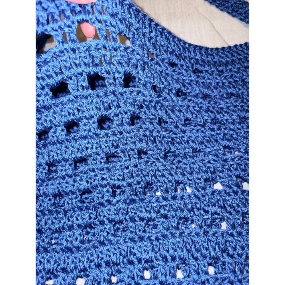 Handmade Crochet Tote Bag Blue Open Weave‎ Beach Market Bag