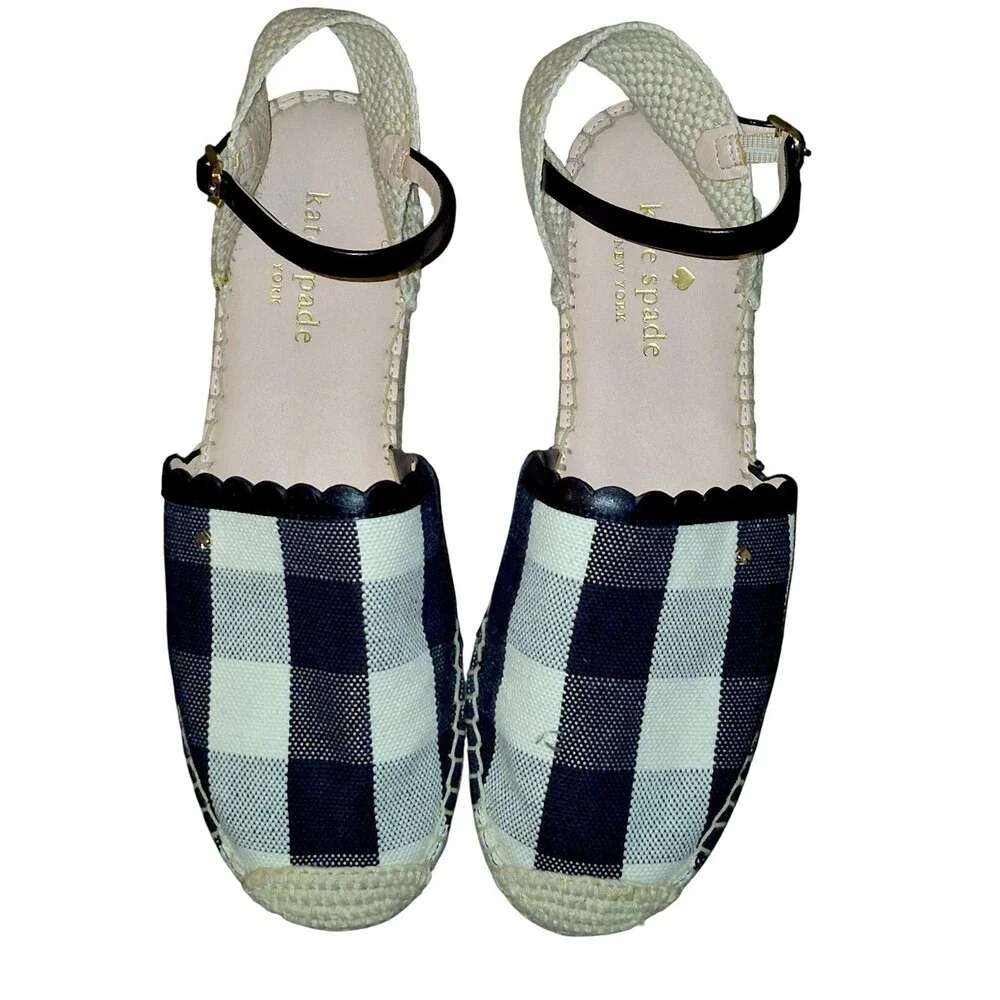 Kate Spade Black/White Plaid Bonnie Preppy Strappy Sandals Size 7.5 Leather Trim