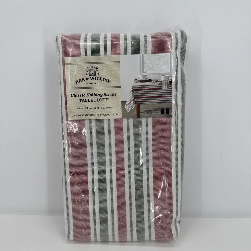Bee & Willow Red & Green‎ Christmas Stripe Cotton Rich Tablecloth 60x84 Oblong