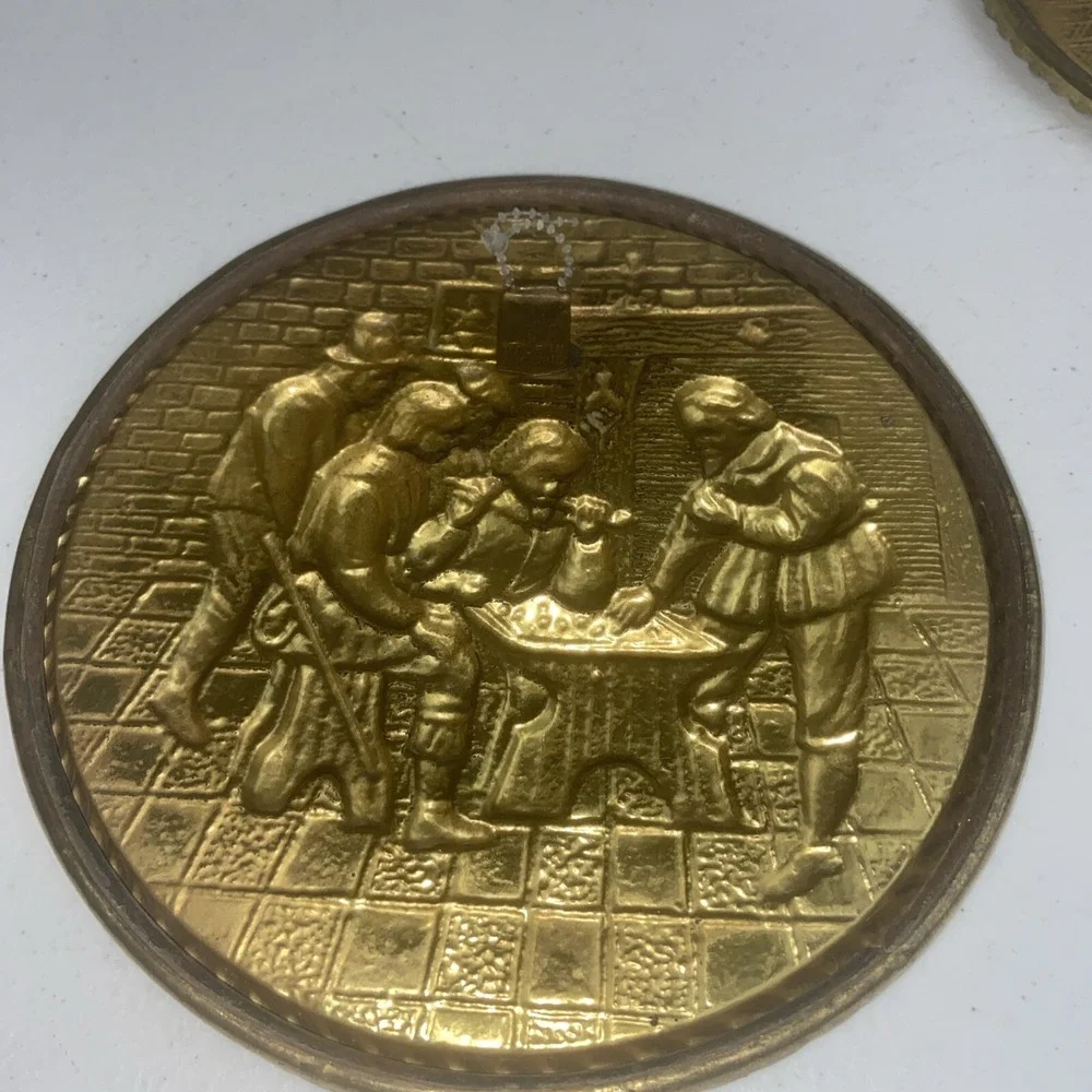 Brass Embossed 3D Tavern Scene Plates Wall Hangings 6.5