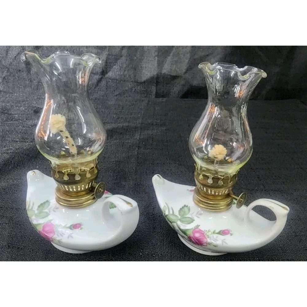 2 Vintage Miniature Aladin Oil Lamp White Porcelain Pink Rose‎ NEW OLD STOCK 80s