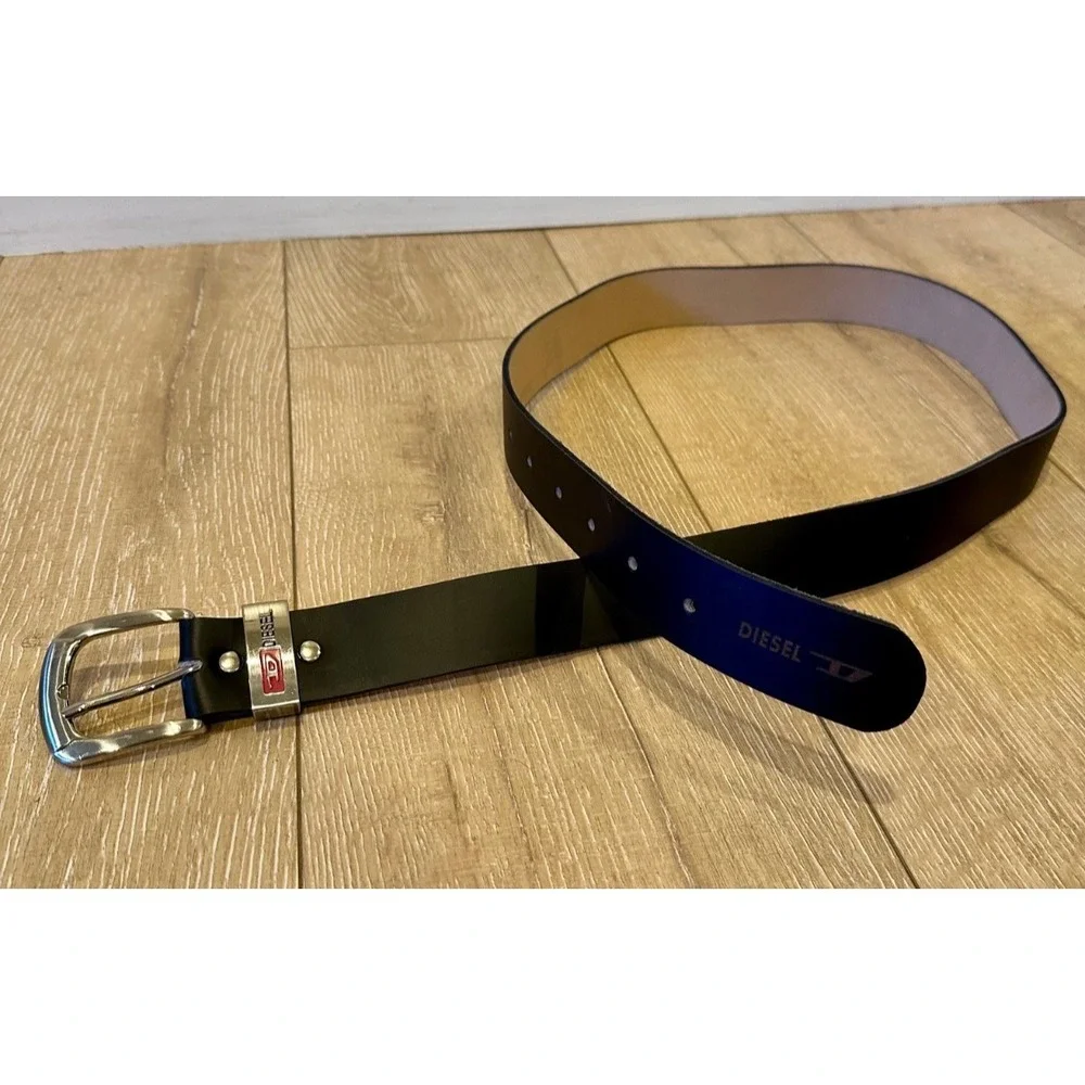 Diesel Black Single Prong Genuine Leather Belt Sz 42 Silver Hardware Logo Lux
