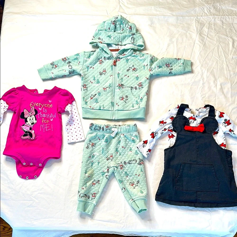 Disney Baby size 9 month bundle Pink Minnie Mouse Onesie, Winnie the Pooh outfit