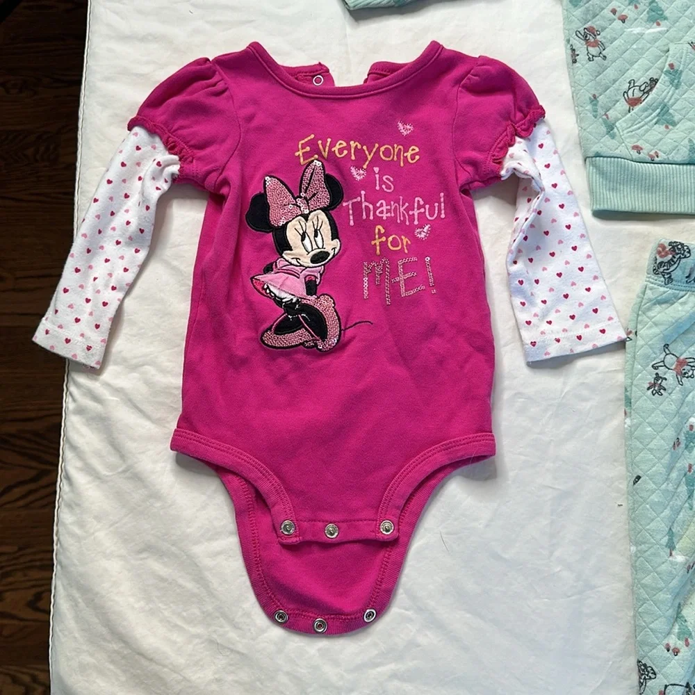 Disney Baby size 9 month bundle Pink Minnie Mouse Onesie, Winnie the Pooh outfit