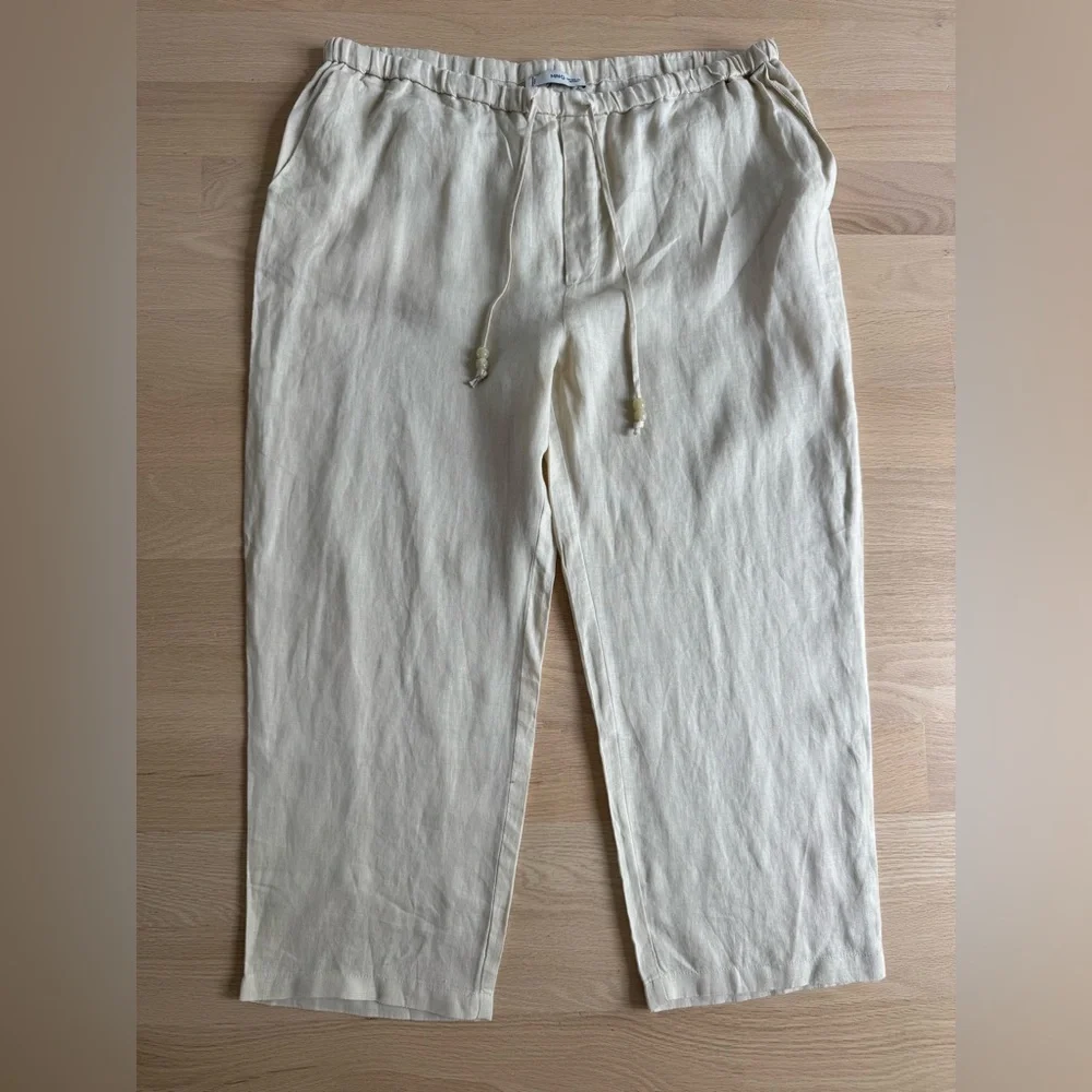 MANGO 100% linen tie waist ankle pants in tan Women’s XXL Minimalist Casual NEW