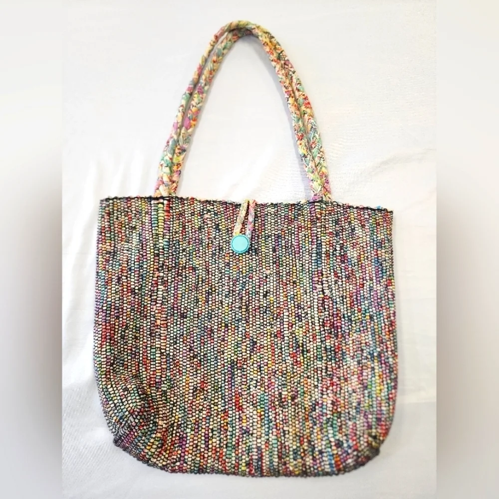 Gina Levesque Womens Multicolor Hand-Woven Fabric Tote Bag Braided Fabric Straps