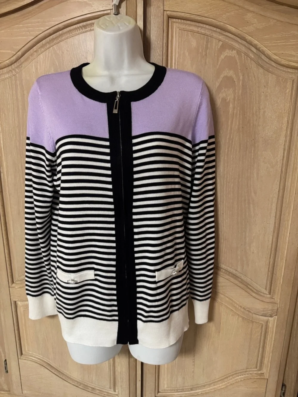 NEW Lilac and Black Striped Zip-Front Women's Sweater