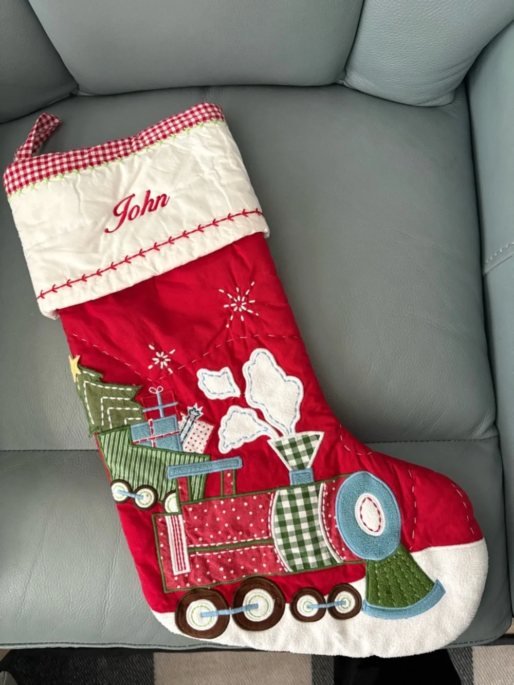 Personalized John Red Christmas Stocking with Train Design