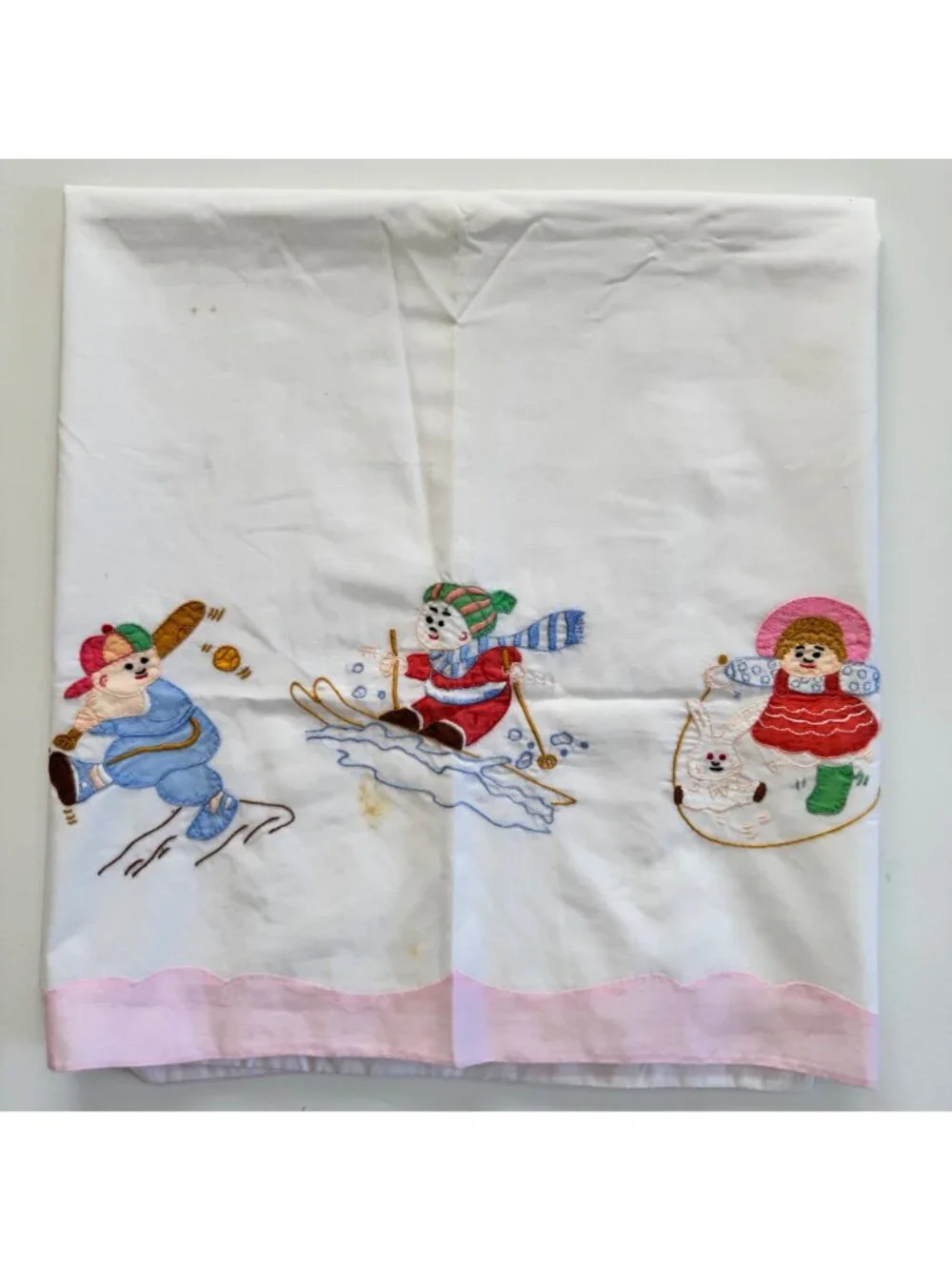 Vintage Embroidered Baby Crib Flat Sheet Jump Rope Skiing Baseball White Pink