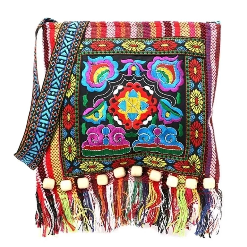 Gypsy Hobo Quilted Embroidered Color Block Tassel Messenger Crossbodty Bag Purse