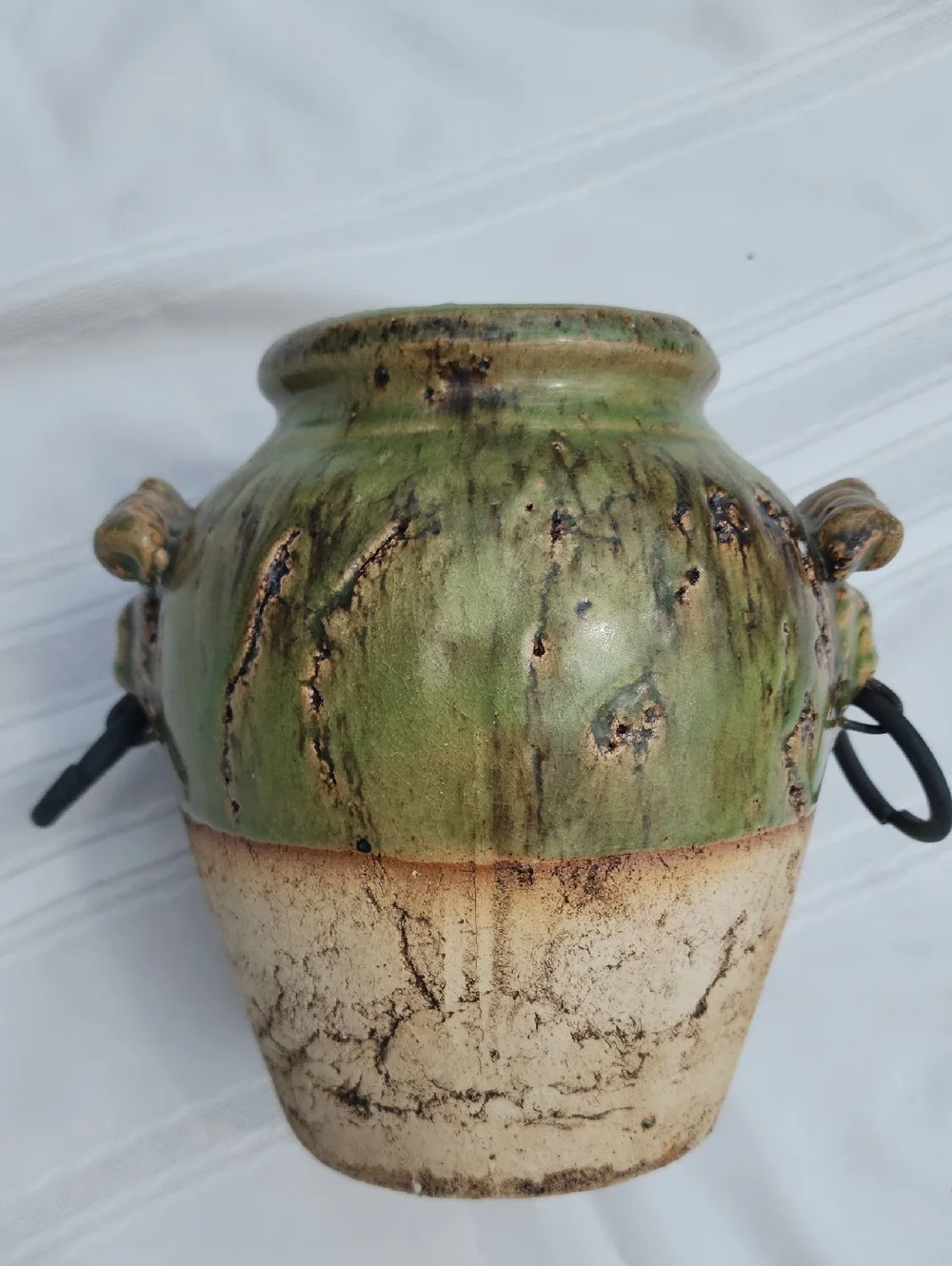 Green and Cream Rustic Clay Pottery Vase w/ Lion Heads & METAL Ring Side Handles