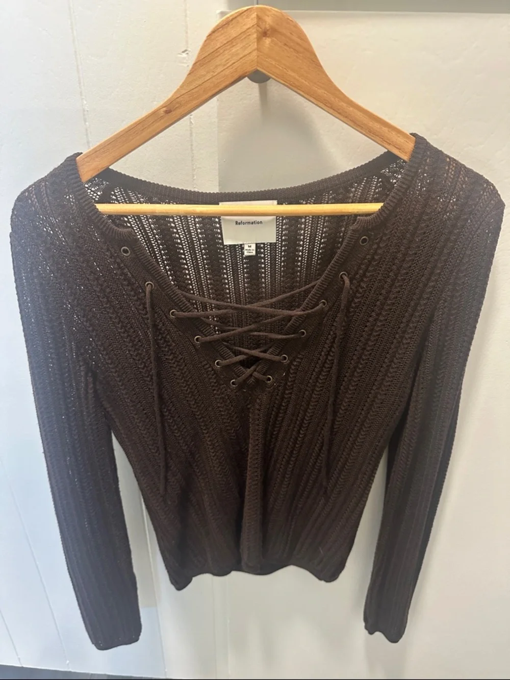 Reformation Nadia Regenerative Wool Lace Up Sweater Chocolate Brown Size Medium