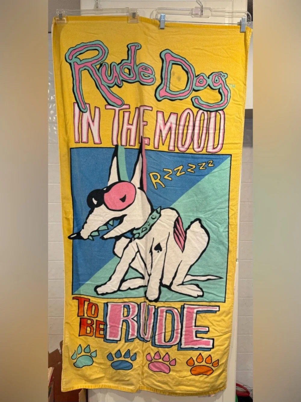 Rude Dog 'In The Mood' Graphic Beach Towel - Yellow Pink Blue