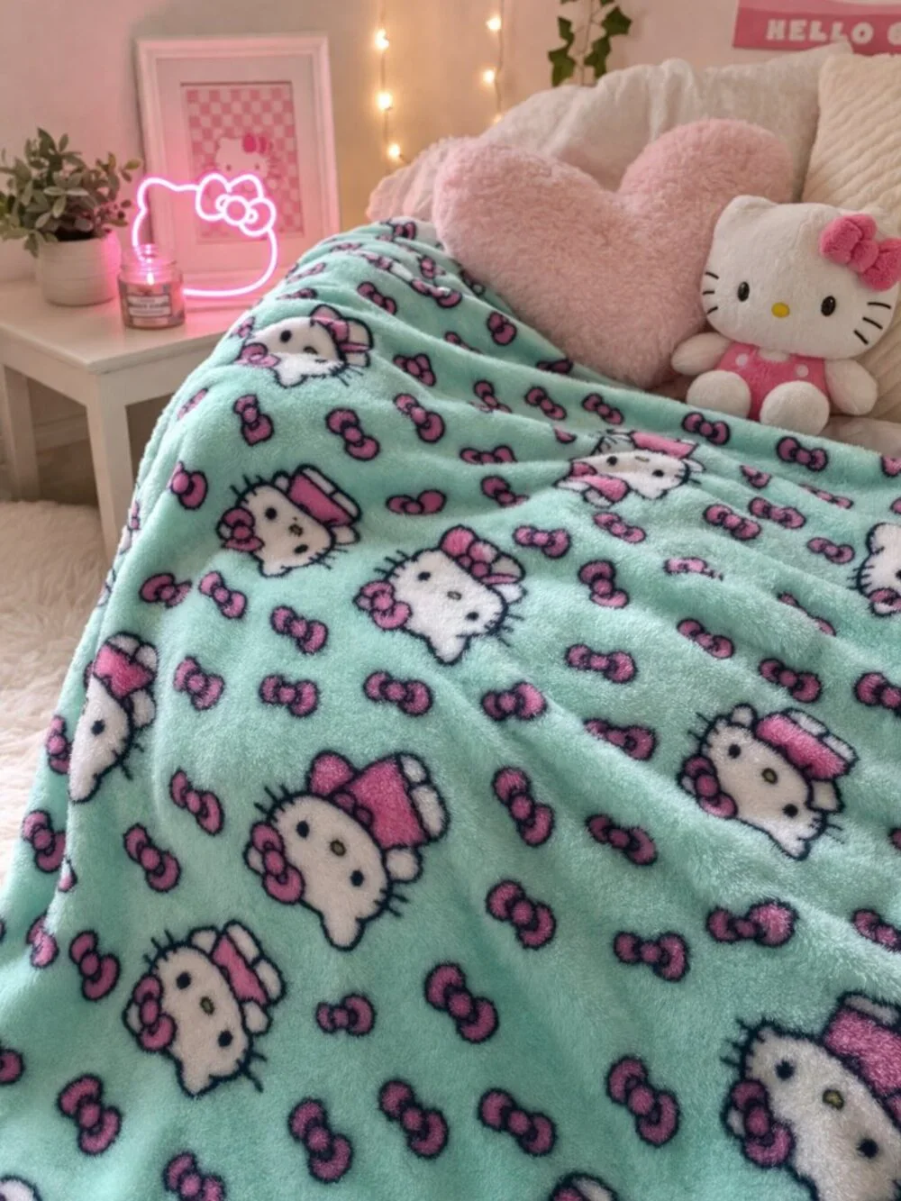 Hello Kitty Fleece Throw Blanket Sanrio Mint Green Pink Bow 50x70 Ultra Soft NWT