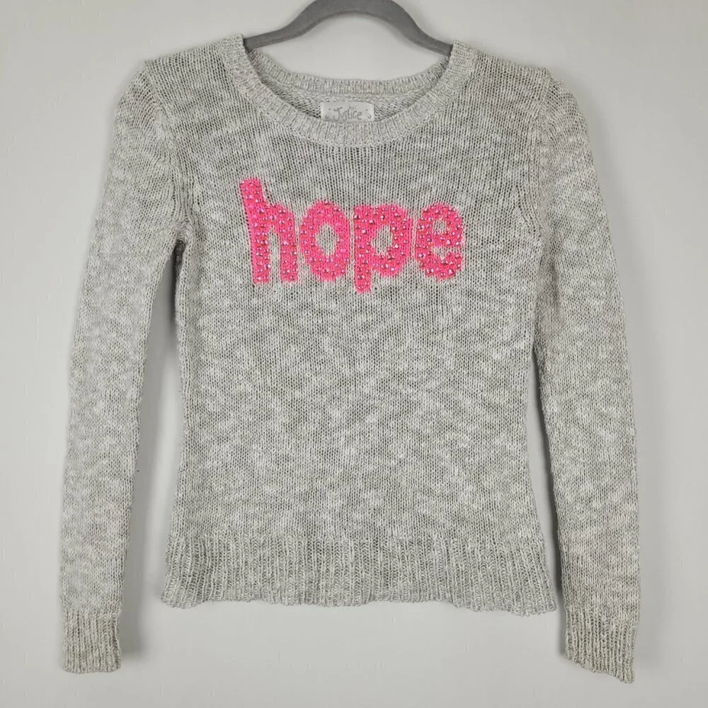 Justice Gray Pink Hope Rhinestone Graphic Crew Neck Sweater 10
