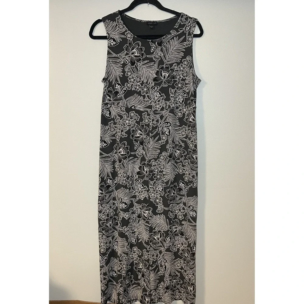 J Jill Wearever‎ Collection Dress M Dark Gray Floral Sleeveless Stretchy Leaves