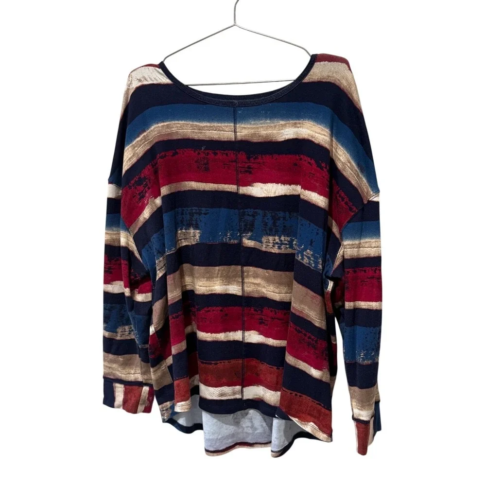 Westbound Woman 3X Striped Long Sleeve Top Red‎ Blue Beige