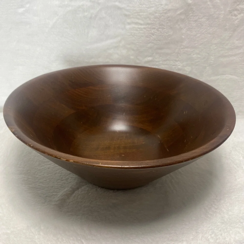 VTG Vermillion Walnut Wood Salad Serving Bowl Mid‎ Century Modern Boho Fruits