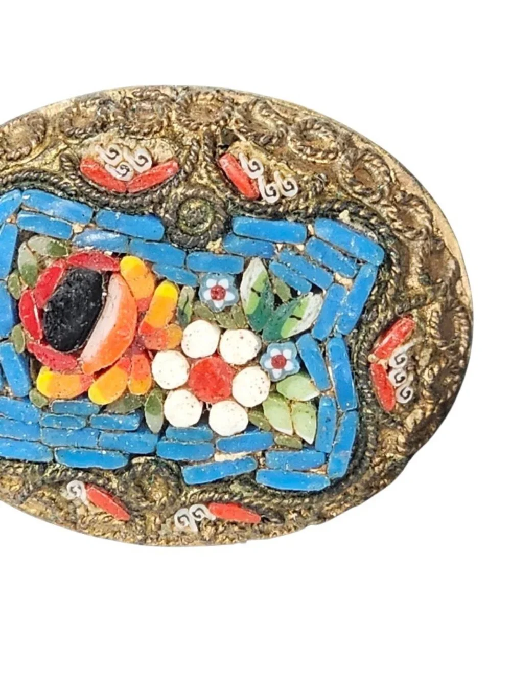 Micro Mosaic Flower Brooch Gold Tone Multi Color Made In Italy Art Deco VTG