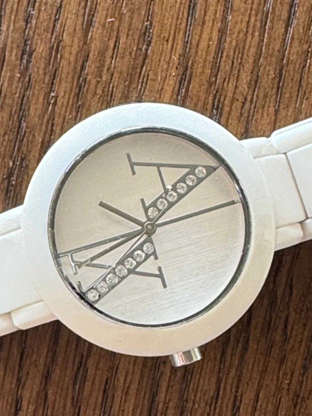 Armani Exchange White Acrylic Bracelet Watch with Diagonal Crystal Detail