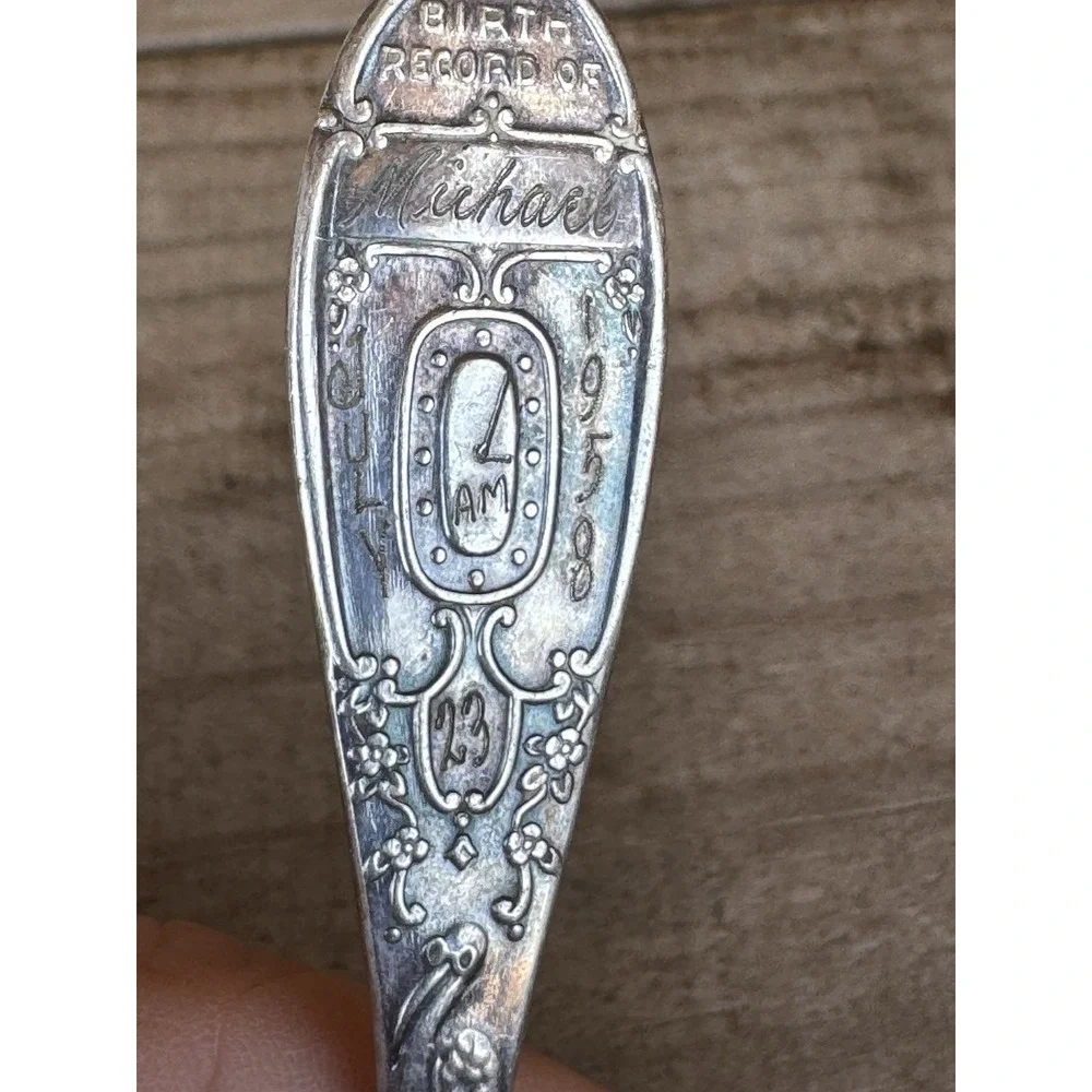 Vtg Silver-Plate WM Rogers‎ Birth Record Baby Spoon Stork Engraved Michael 1958