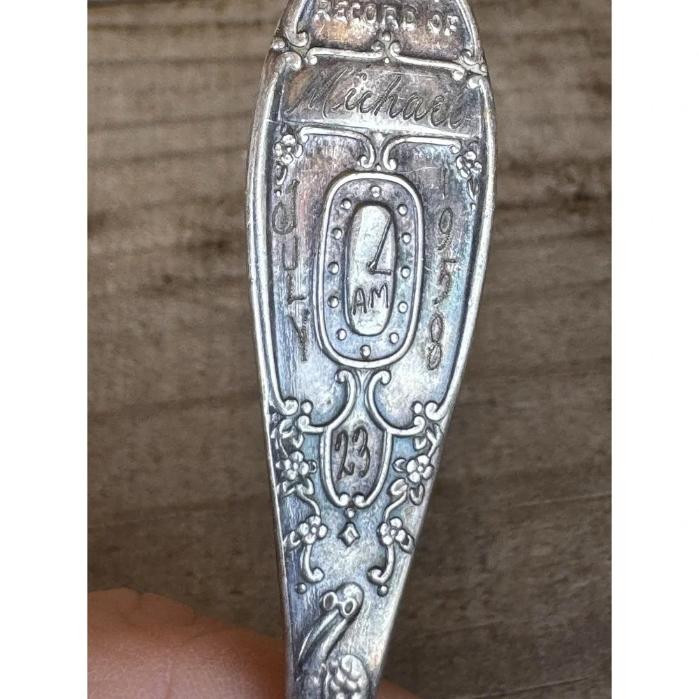 Vtg Silver-Plate WM Rogers‎ Birth Record Baby Spoon Stork Engraved Michael 1958