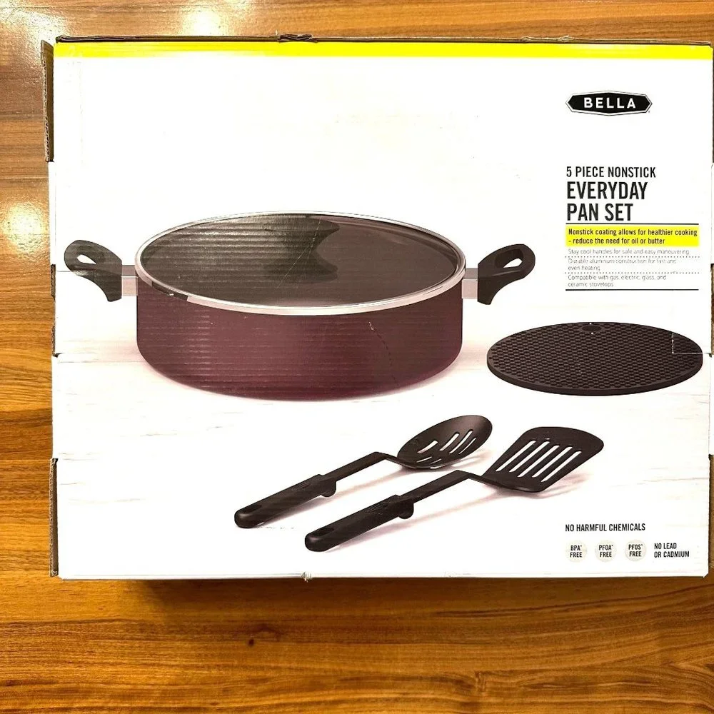 New Bella 5 Piece Nonstick Everyday Pan Set. Eggplant Purple