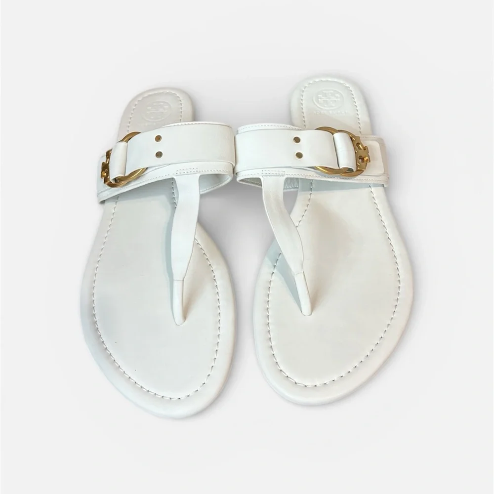 New Tory Burch Ivory White Marsden Flat T-Strap Sandals Size 11