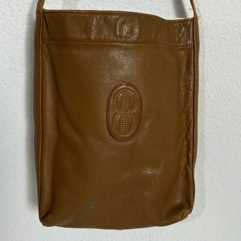 Vintage Bill Blass Nutmeg Tan Genuine Leather Messenger Laptop Bag Tote Murse