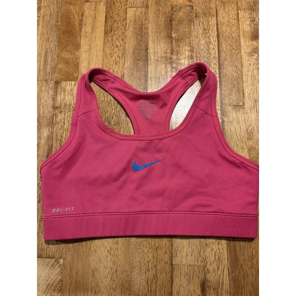 NIKE‎ Dri-Fit Sports Bra Size Small Magenta Pink Blue Swoosh Gym Running Outdoor