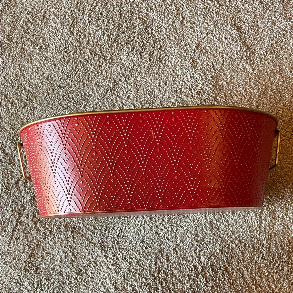 Decorative Red Metal Storage Tub with Gold Pattern