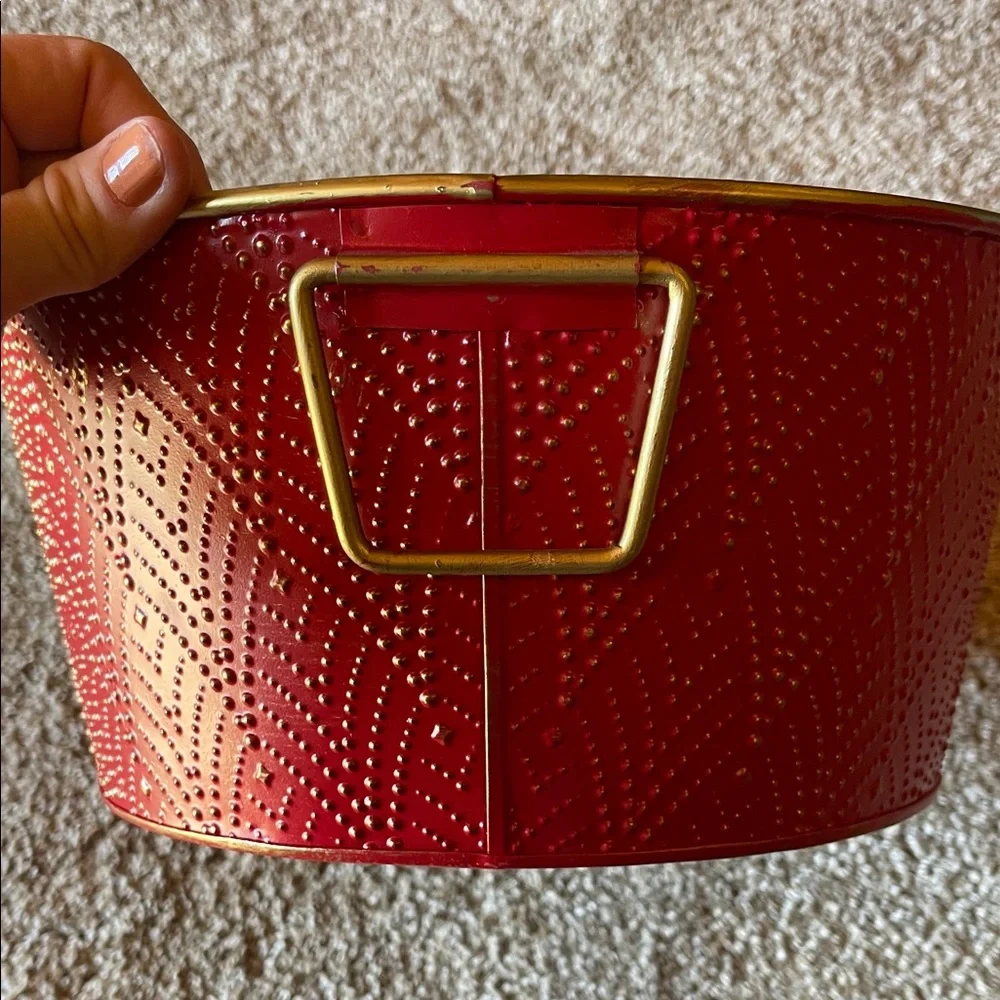 Decorative Red Metal Storage Tub with Gold Pattern