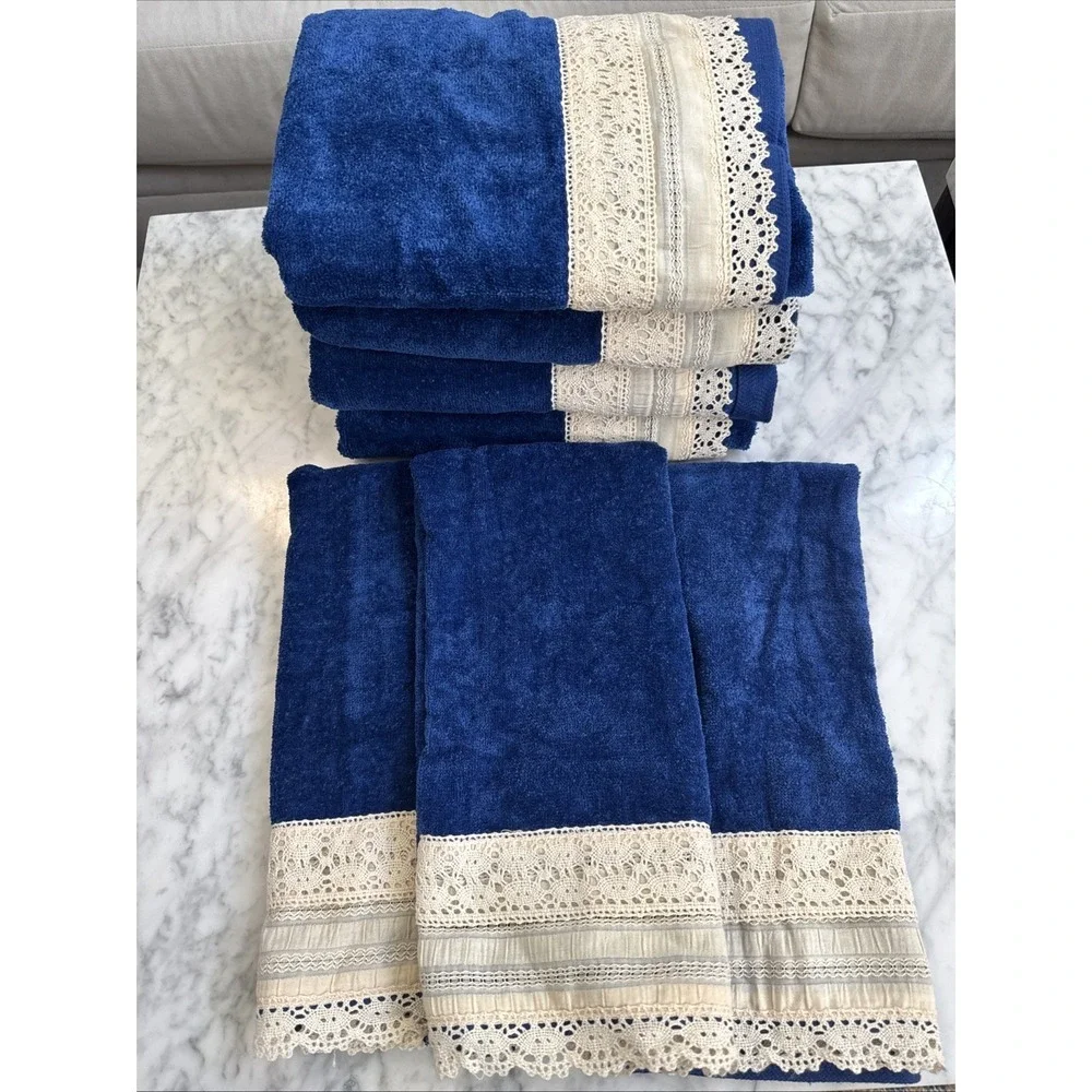 VTG The Bathworks 7 Piece Towel Set Navy Cream Crochet Lace Band USA